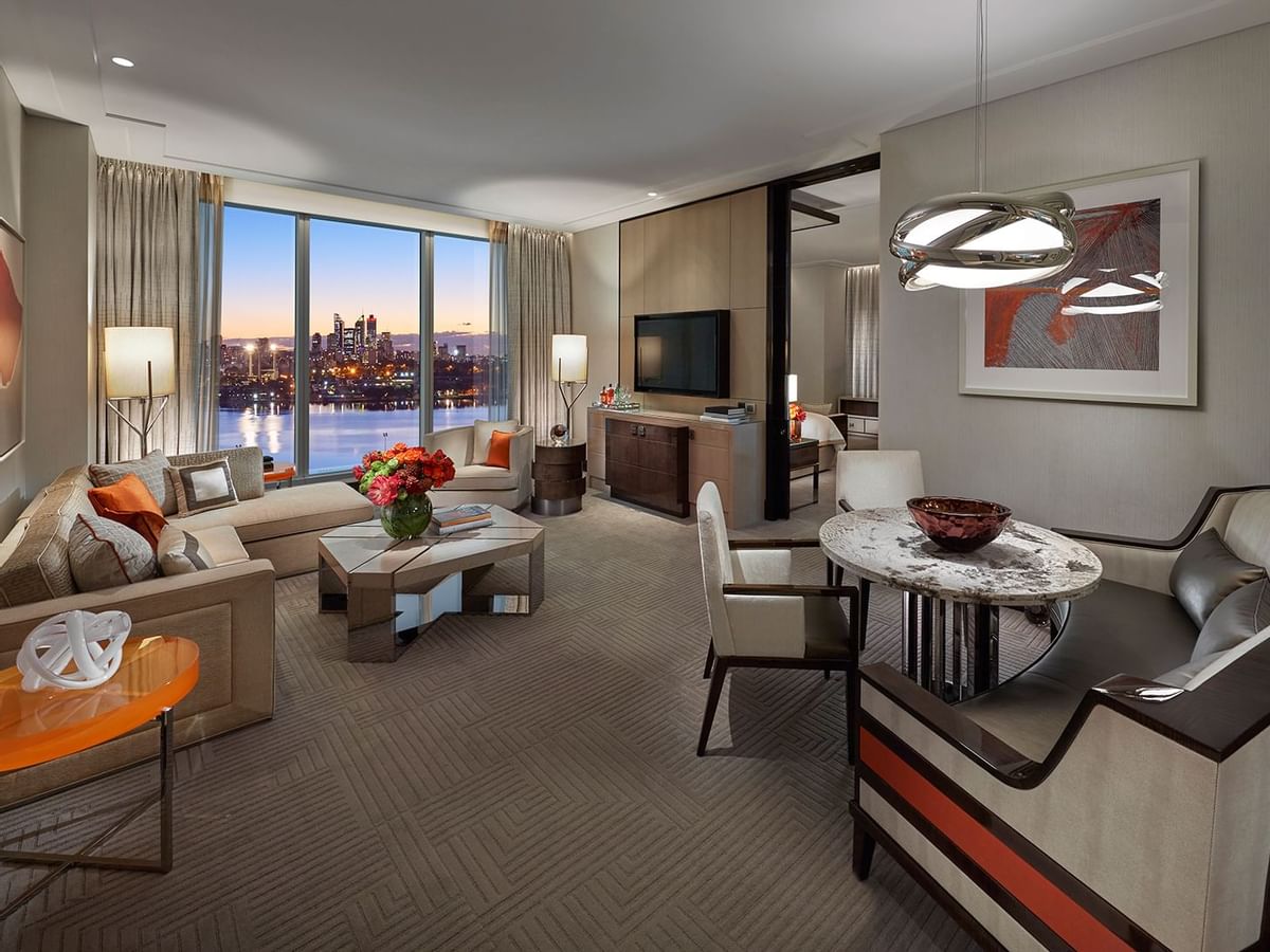 Interior of a living room in Deluxe Villa at Crown Towers Perth