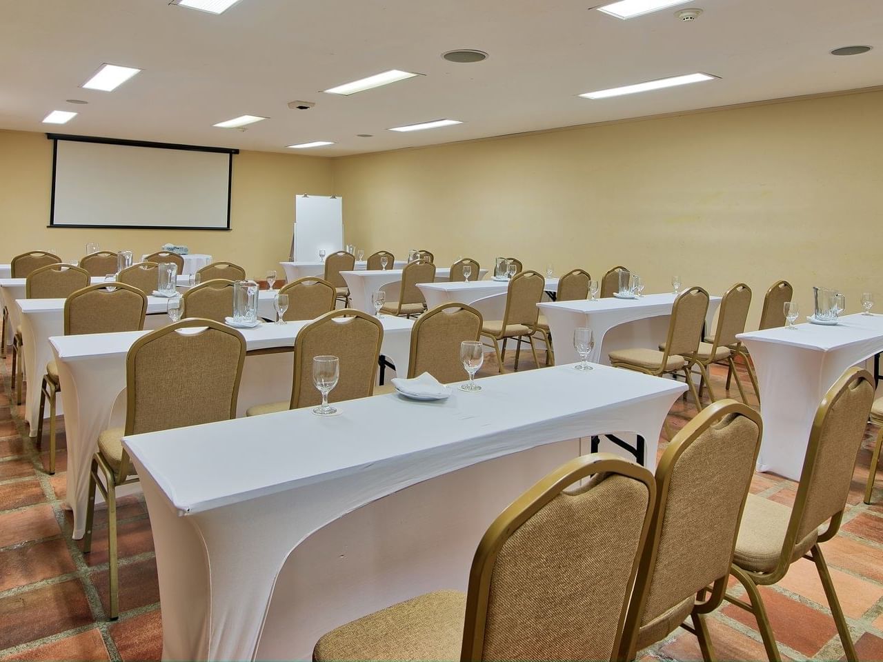 Classroom-typed table arrangements in the Barranca Meeting room at Fiesta Resort