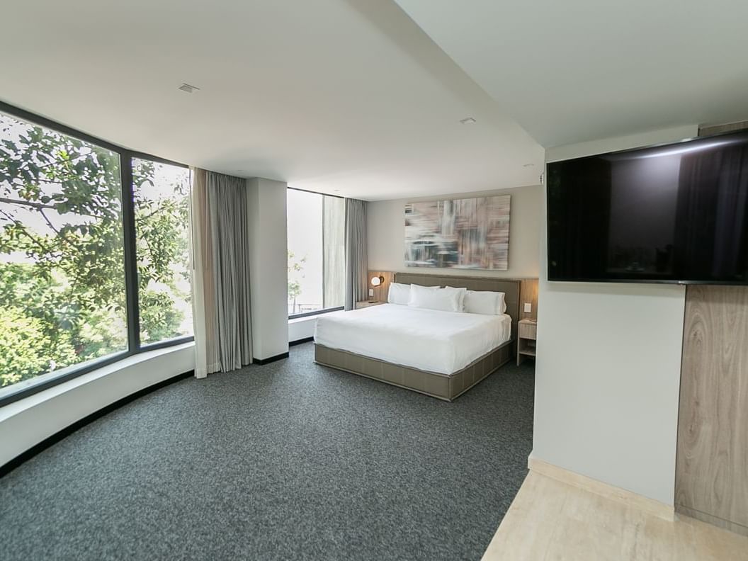 Suite Elements con cama grande, televisor y vistas al exterior en Elements by Marquis Ciudad de México.
