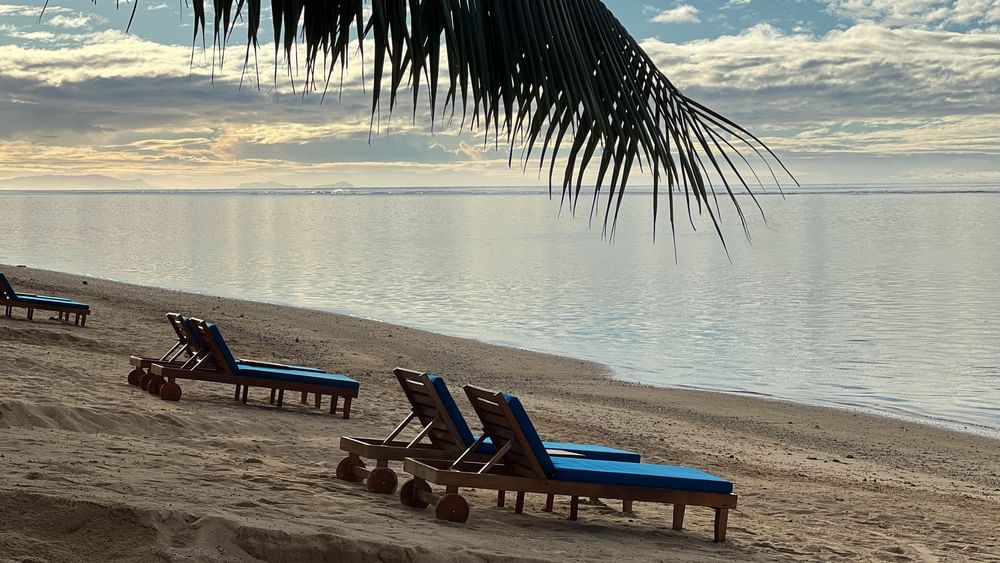 Blue beach loungers on sand beach with ocean view at Warwick Fiji Resort and Spa, Korolevu.