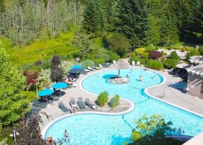 Aerial view of the pool with surrounding trees and umbrellas by the water at Hilltop Inn Salmon Arm
