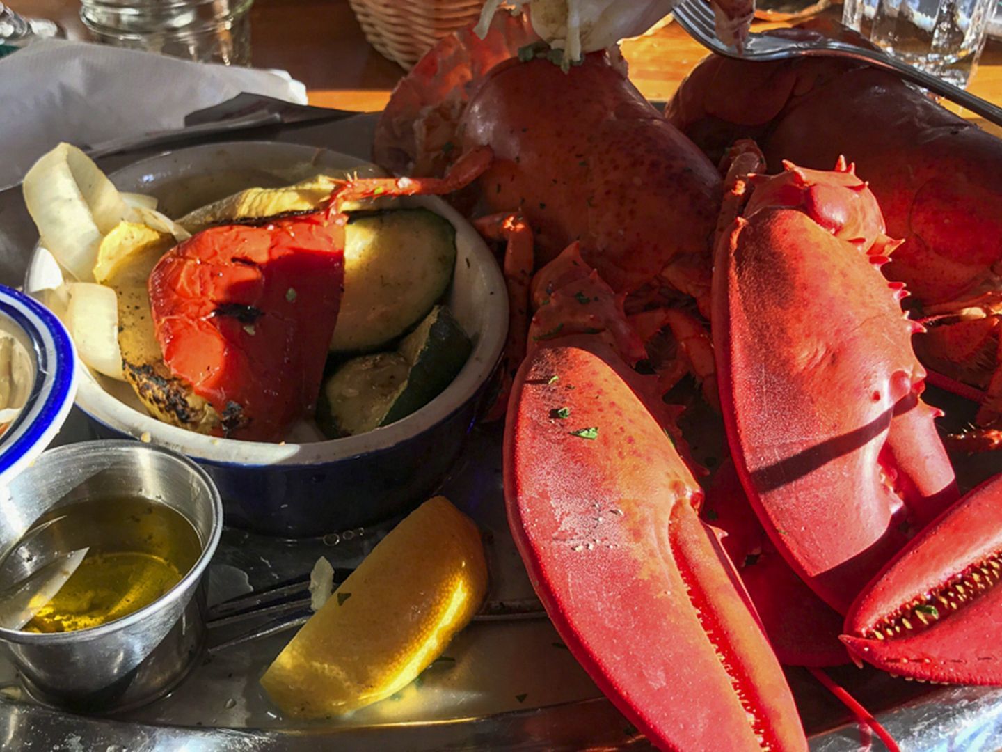 Close-up of lobster served near Falmouth Tides