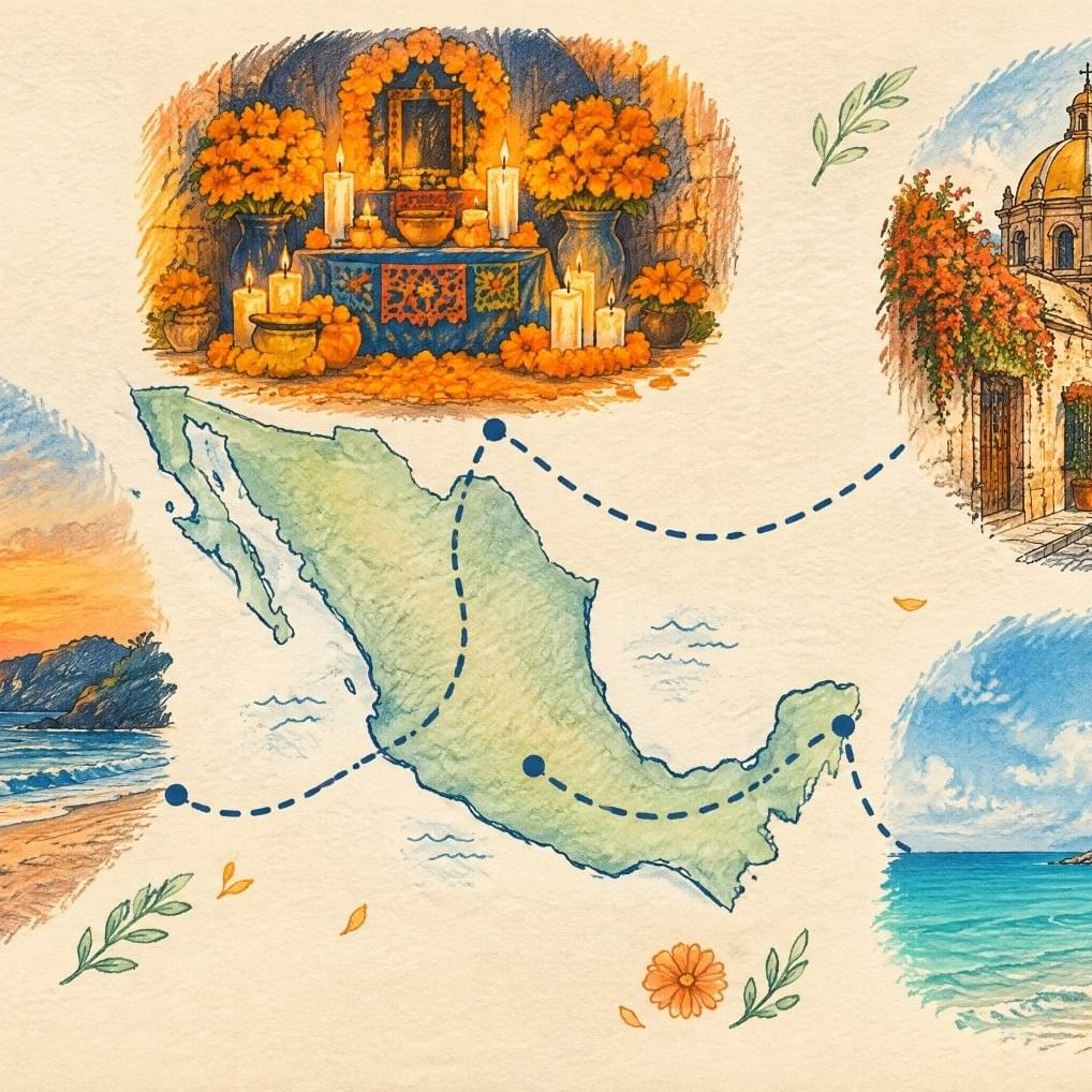 Illustrated map of Mexico featuring coastal beaches, colonial architecture, traditional altar, and tropical landscapes with palm trees