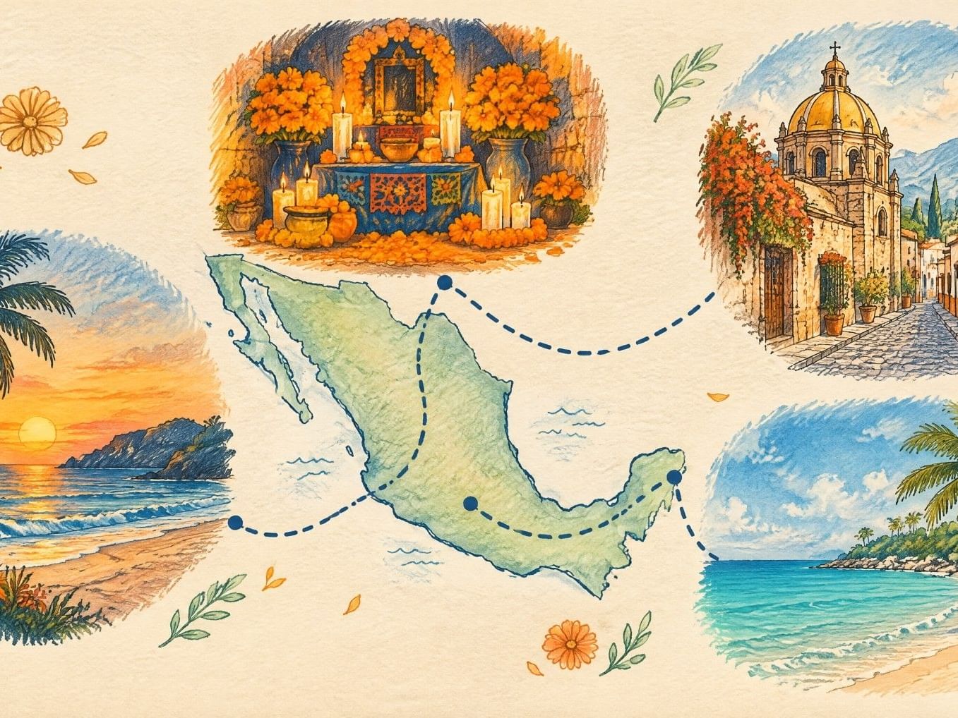 Ilustración de destinos turísticos mexicanos con mapa, altar de Día de Muertos, playas tropicales y calle colonial empedrada.