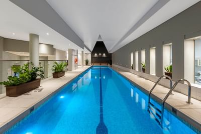 Indoor pool with vibrant blue water and green plants beside it at Paradox Sydney hotels with pool