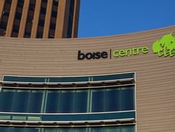 High-angle view of Boise Center with name board near Hotel 43