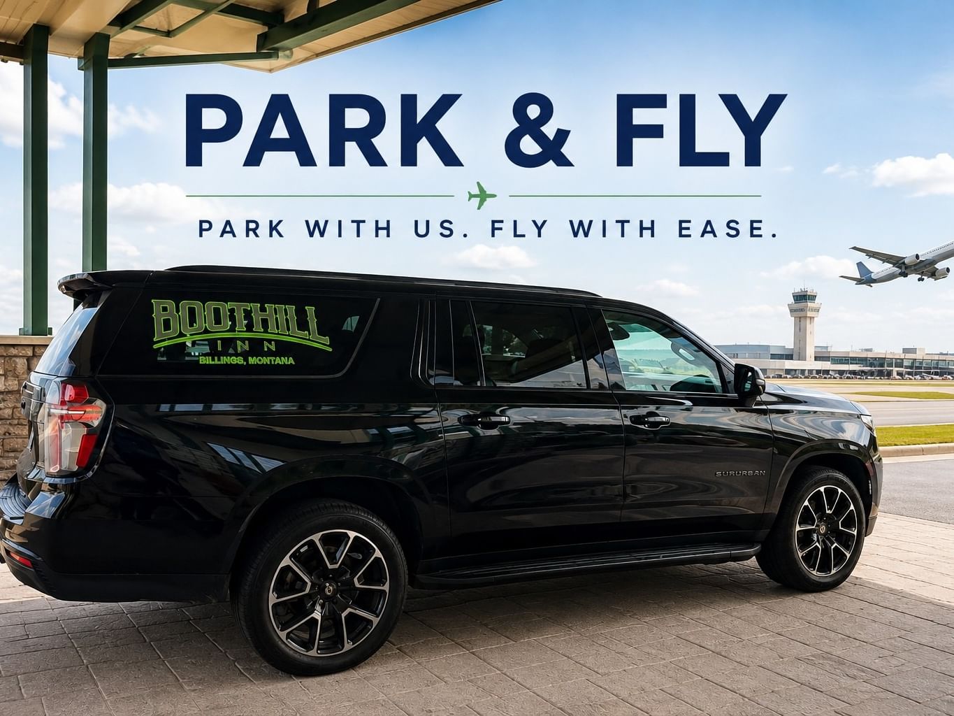 Black SUV parked at airport with plane taking off and Park & Fly signage overhead