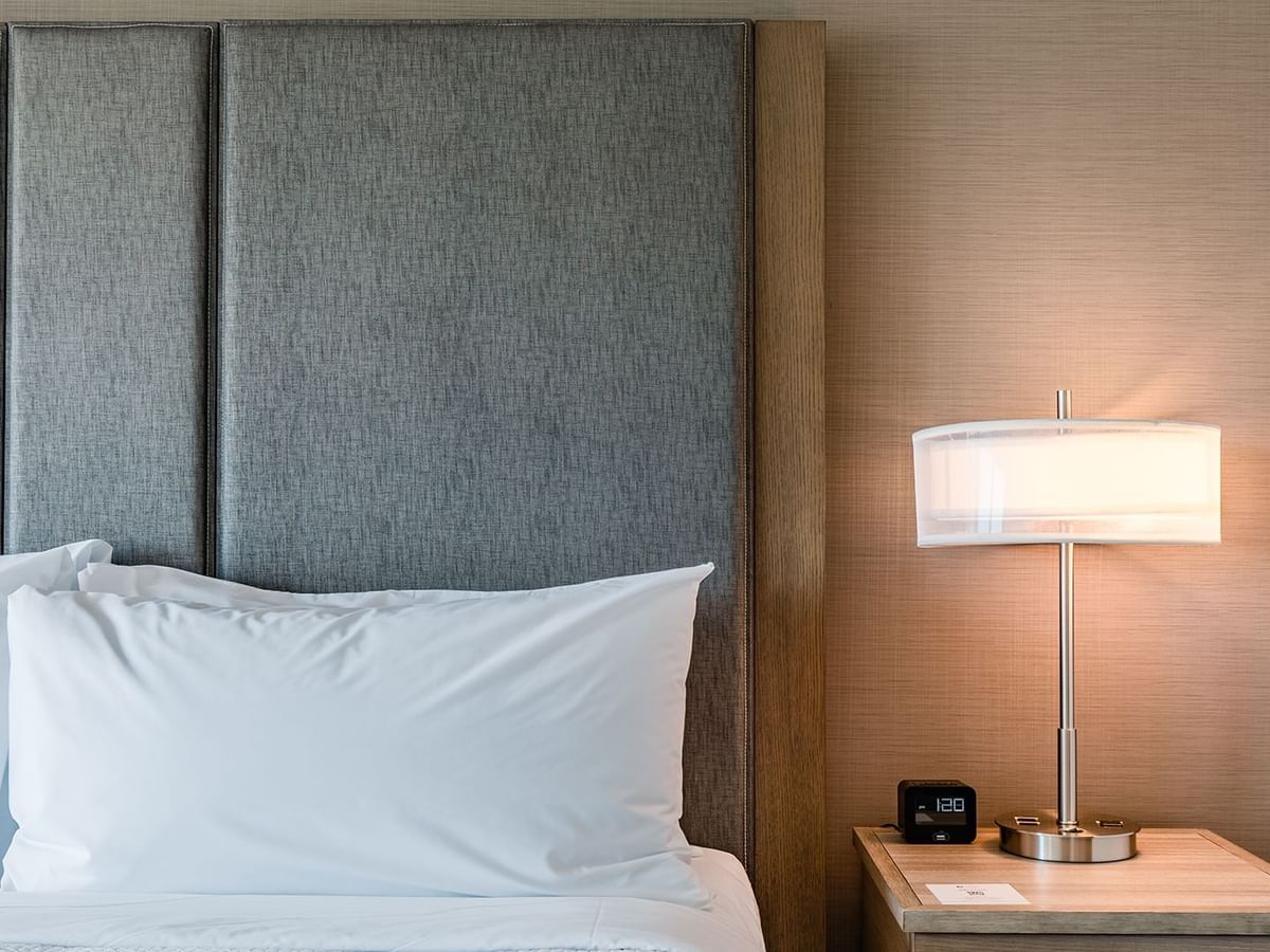 Hotel guestroom with king bed