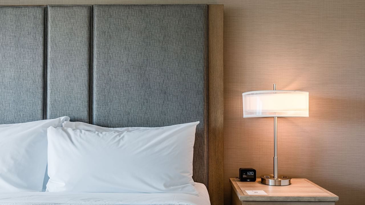 Hotel guestroom with king bed