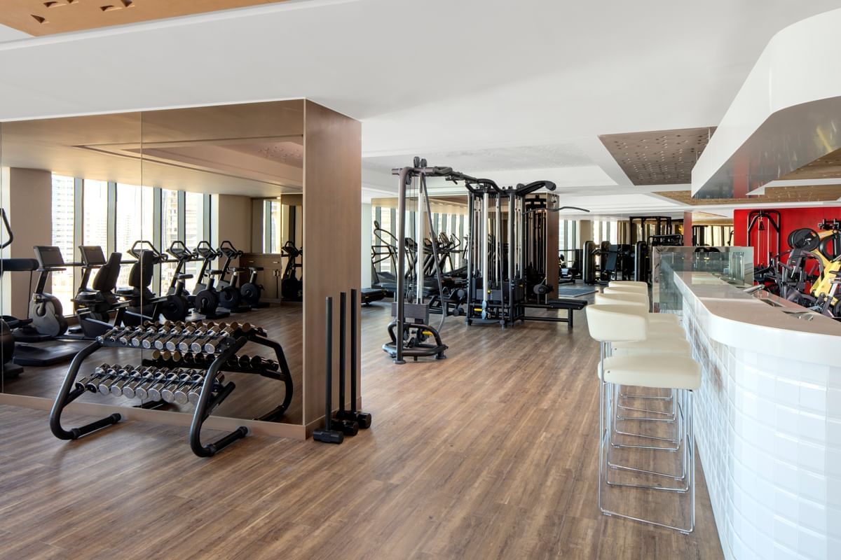 Fully equipped Pause Gym with a juice bar at Paramount Hotel Dubai