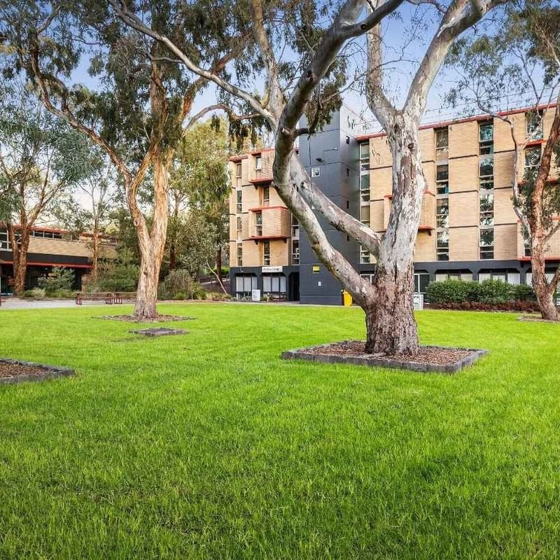 Green lawn with trees in front of La Trobe University – Menzies College.