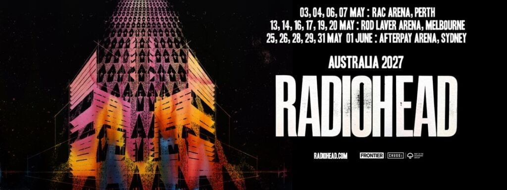Concert poster for Radiohead 2027 Australia tour featuring illuminated pyramid structure with tour dates in Perth, Melbourne, and Sydney