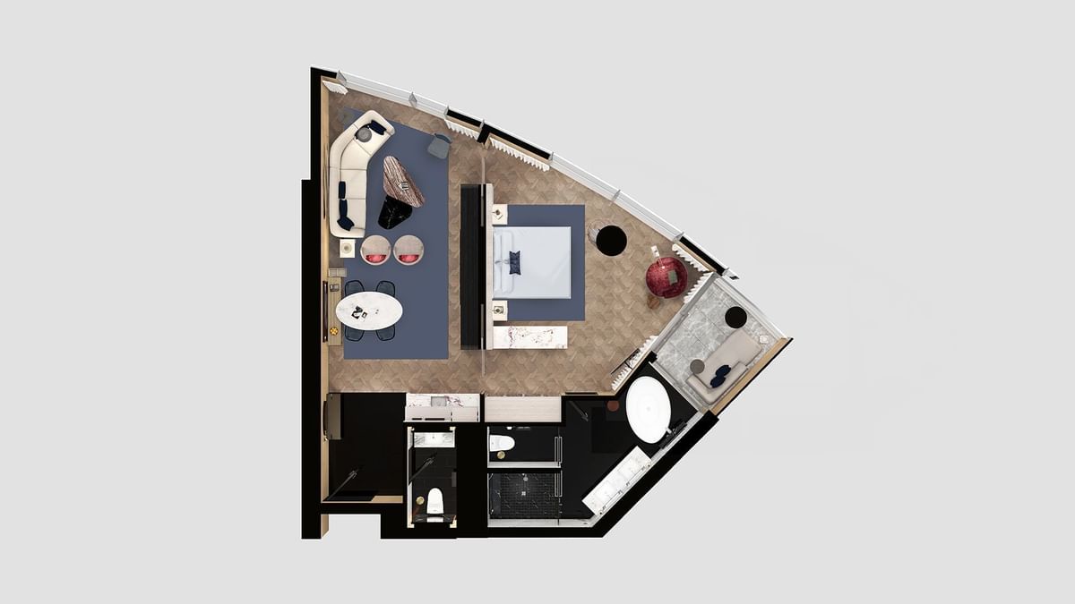 Top-down view of One Bedroom Deluxe Villa floor plan at Crown Hotels