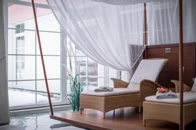 2 loungers in Orjola Spa at Liebes Rot Flueh