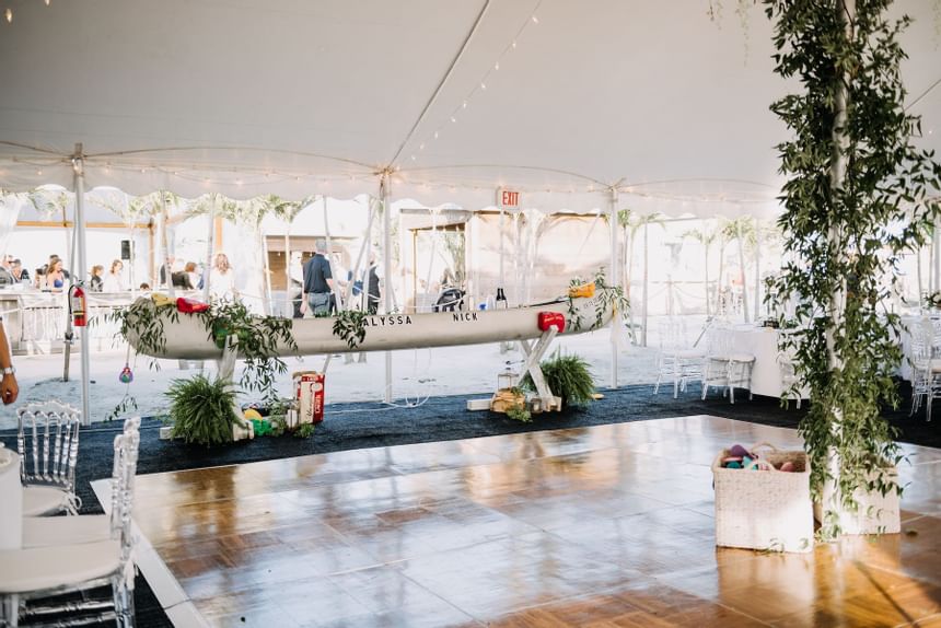 An outdoor dance floor prepped for a wedding at our Diamond Beach wedding venue