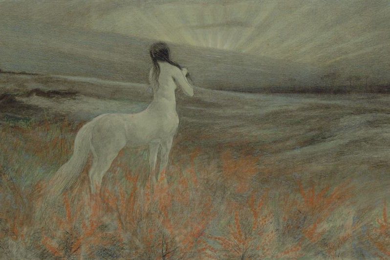 Painting by Emilie Mediz Pelikan depicting a white horse in an open meadow landscape with soft sunlight