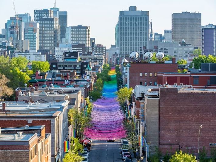 Aerial view of Gay Village with street décor near Travelodge Montreal Centre