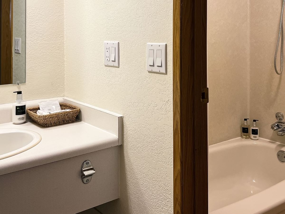 Room bathroom with bathtub, sink, soap, and mirror