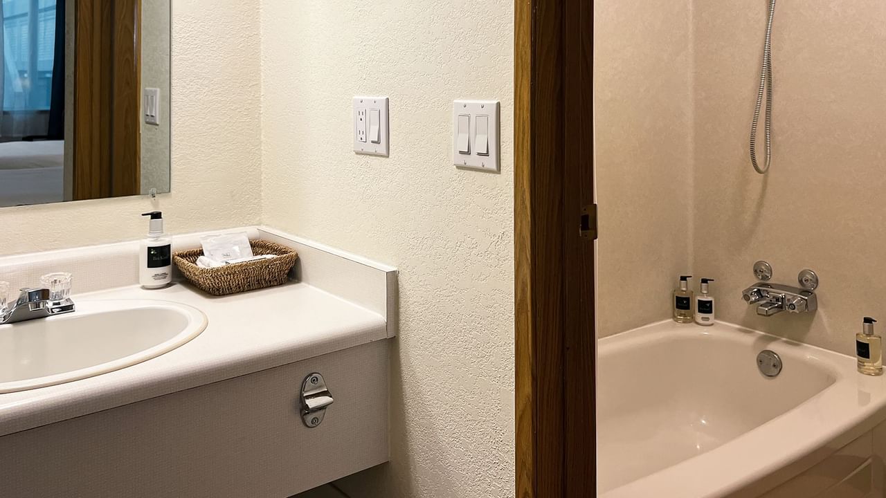 Room bathroom with bathtub, sink, soap, and mirror