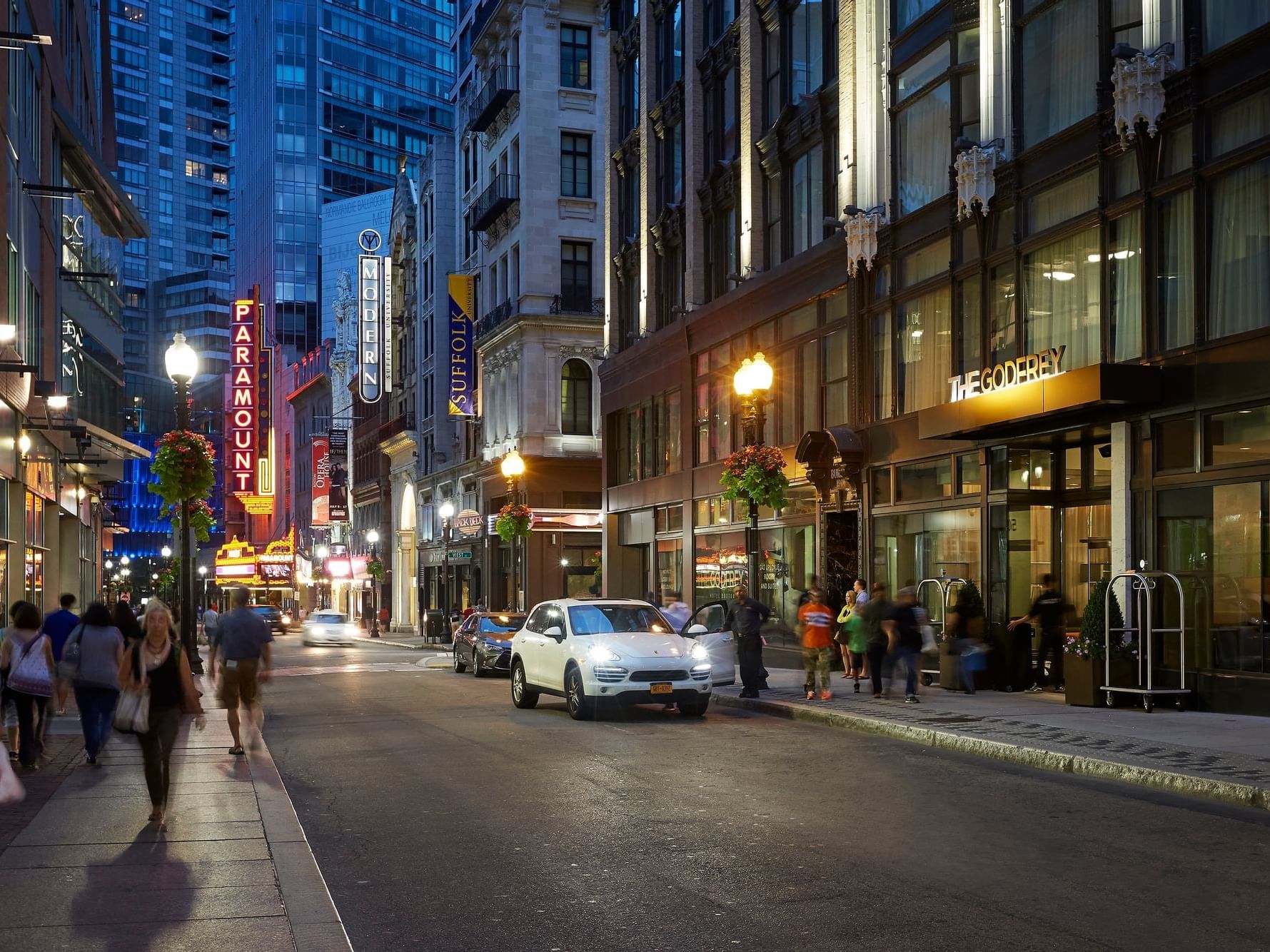 Night time street view of Washington Street in front of Godfrey Hotel