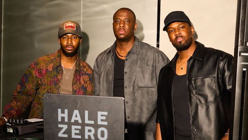  Hale Zero pose behind a DJ setup at The Londoner Hotel, for their interview for Maybe Its Because I'm a Londoner