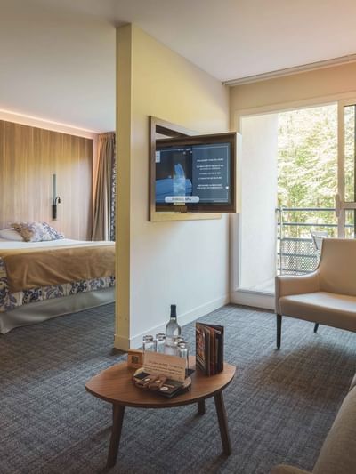 Chambre d'hôtel avec lit, canapé, fauteuil, TV, table basse, et balcon avec vue sur les arbres.