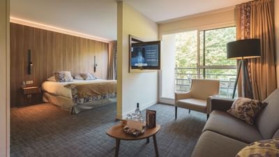 A hotel room with a couch, armchair, coffee table, TV, and a large bed with curtains.
