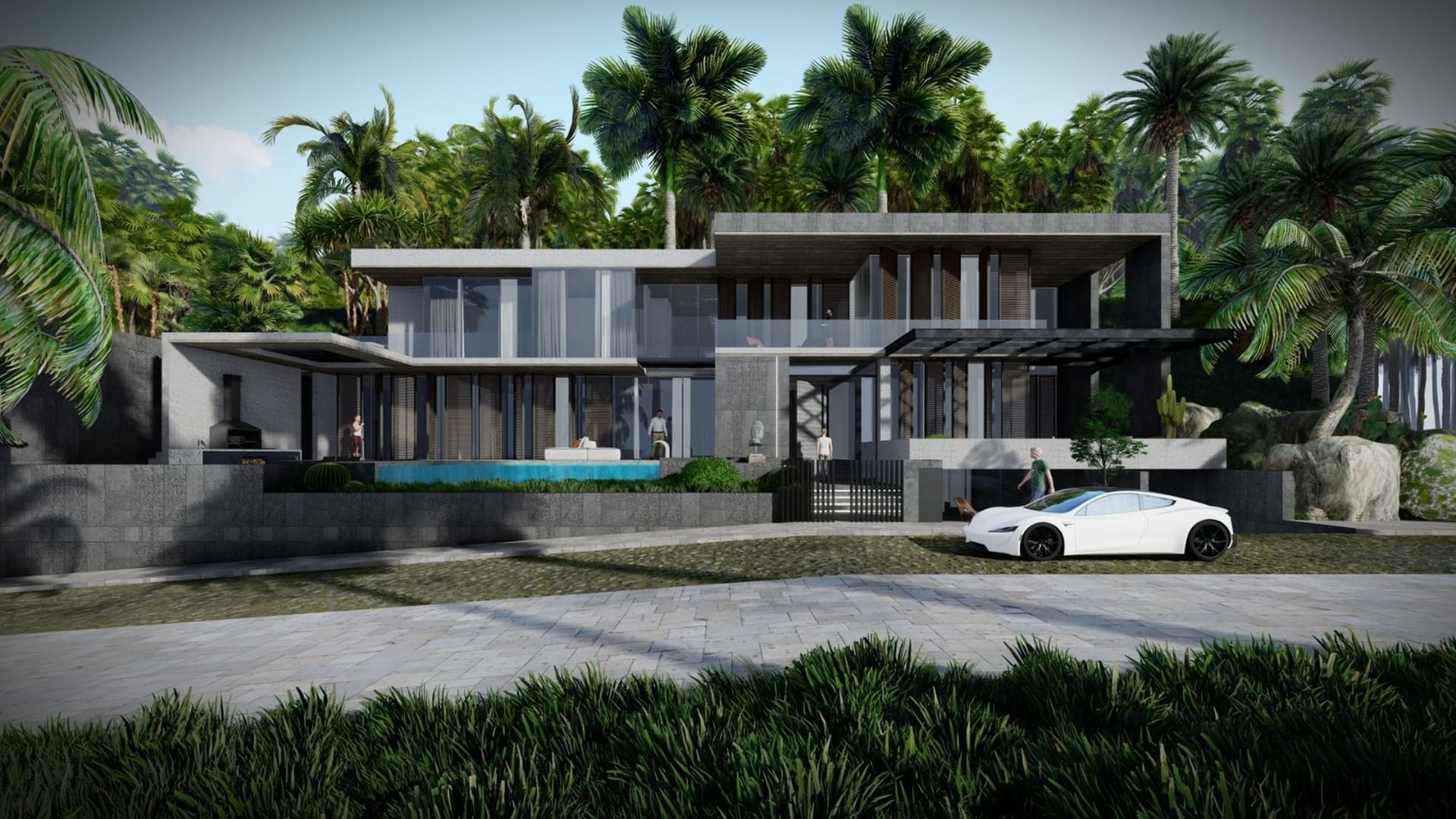 Modern, two-story Lucia Villa with an attached garage, lush greenery, and luxury cars at A'ila Villas