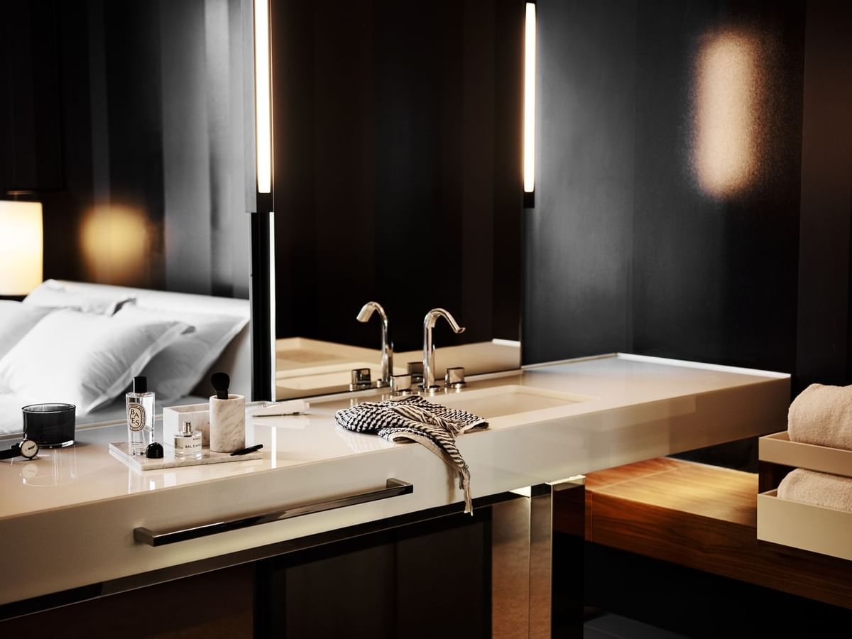 Bathroom vanity in a Hotel room at Crown Metropol Melbourne