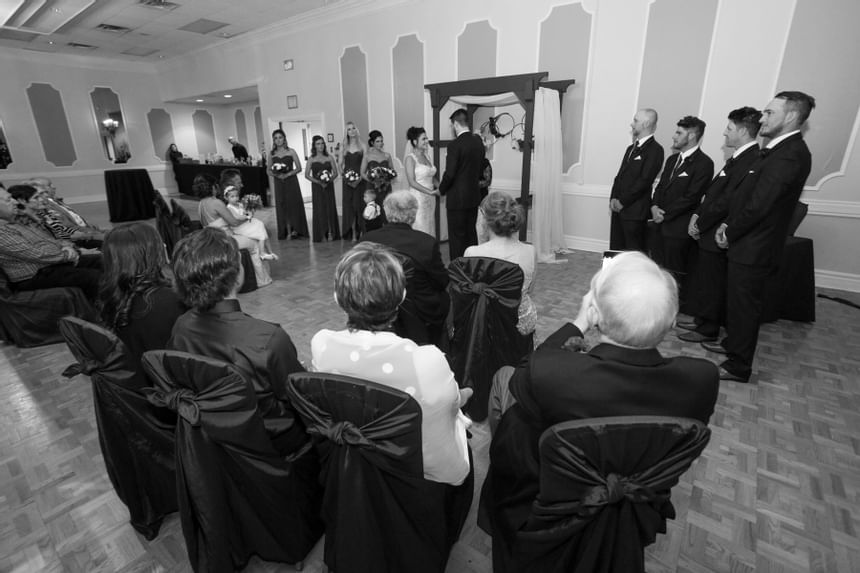 black & white image of wed ceremony at The Inn of Waterloo	  