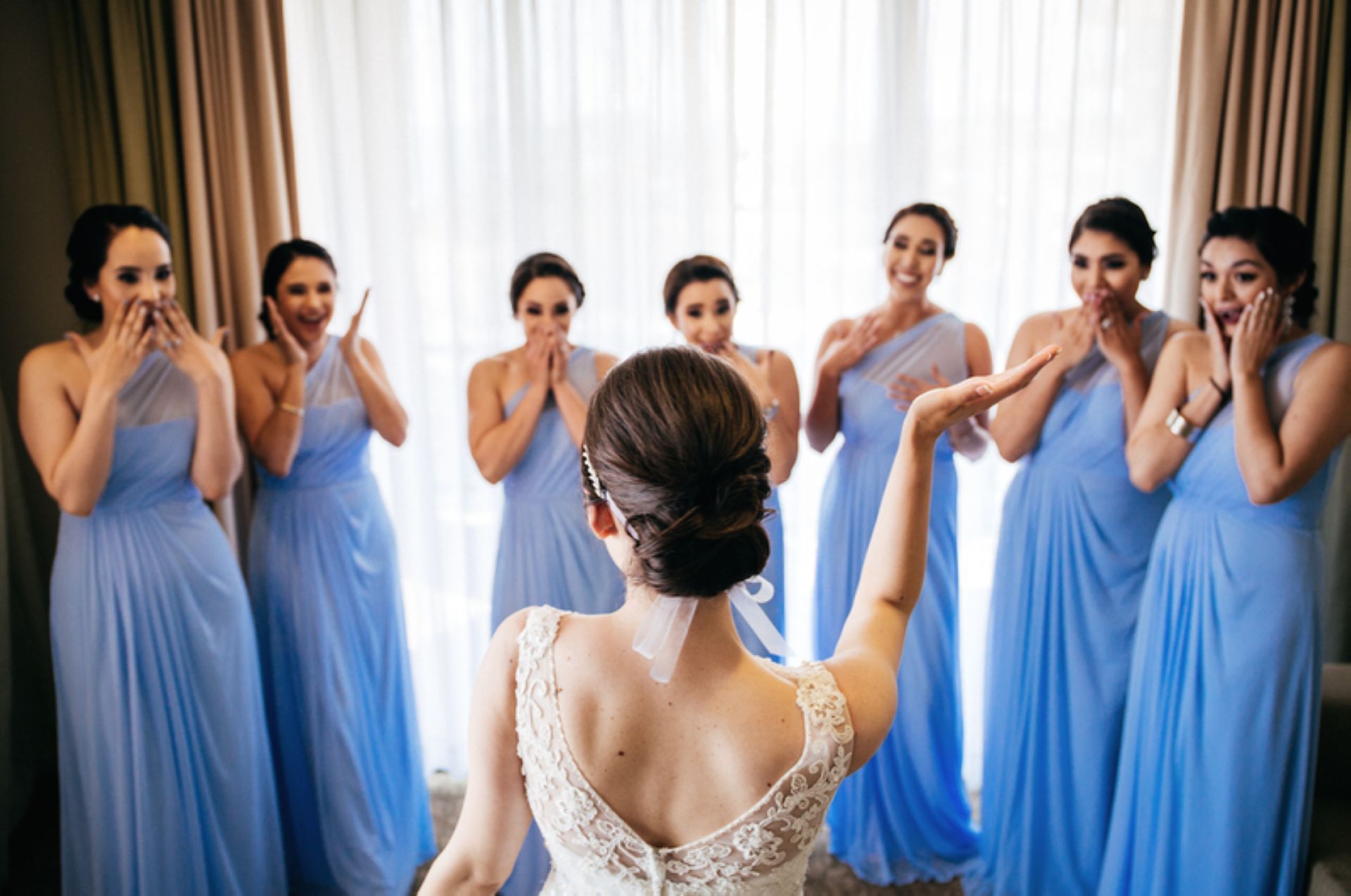 Bride & bridesmaids first look at Hotel Coral y Marina