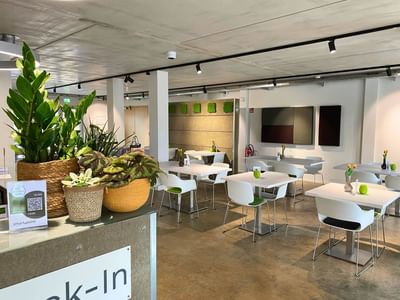 Dining area with white tables, plants in woven pots, and wall art in Bistro & Pizzeria at Avaneo Hotel