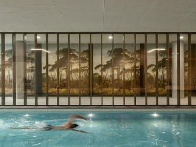 Person swimming in an indoor pool with a forest mural on the wall and vertical blinds.