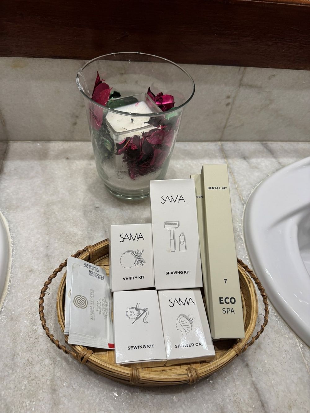 Bath essentials in a bamboo basket at Zanzibar Serena Hotel in Zanzibar.