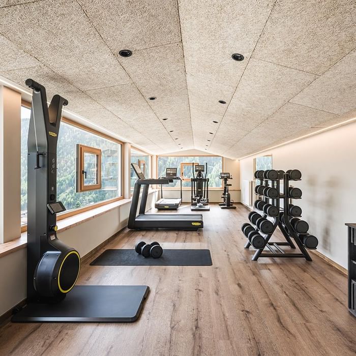 Geräumiges Fitnessstudio mit Laufbändern, Hanteln, Gewichten und Aussicht auf bewaldete Berge.