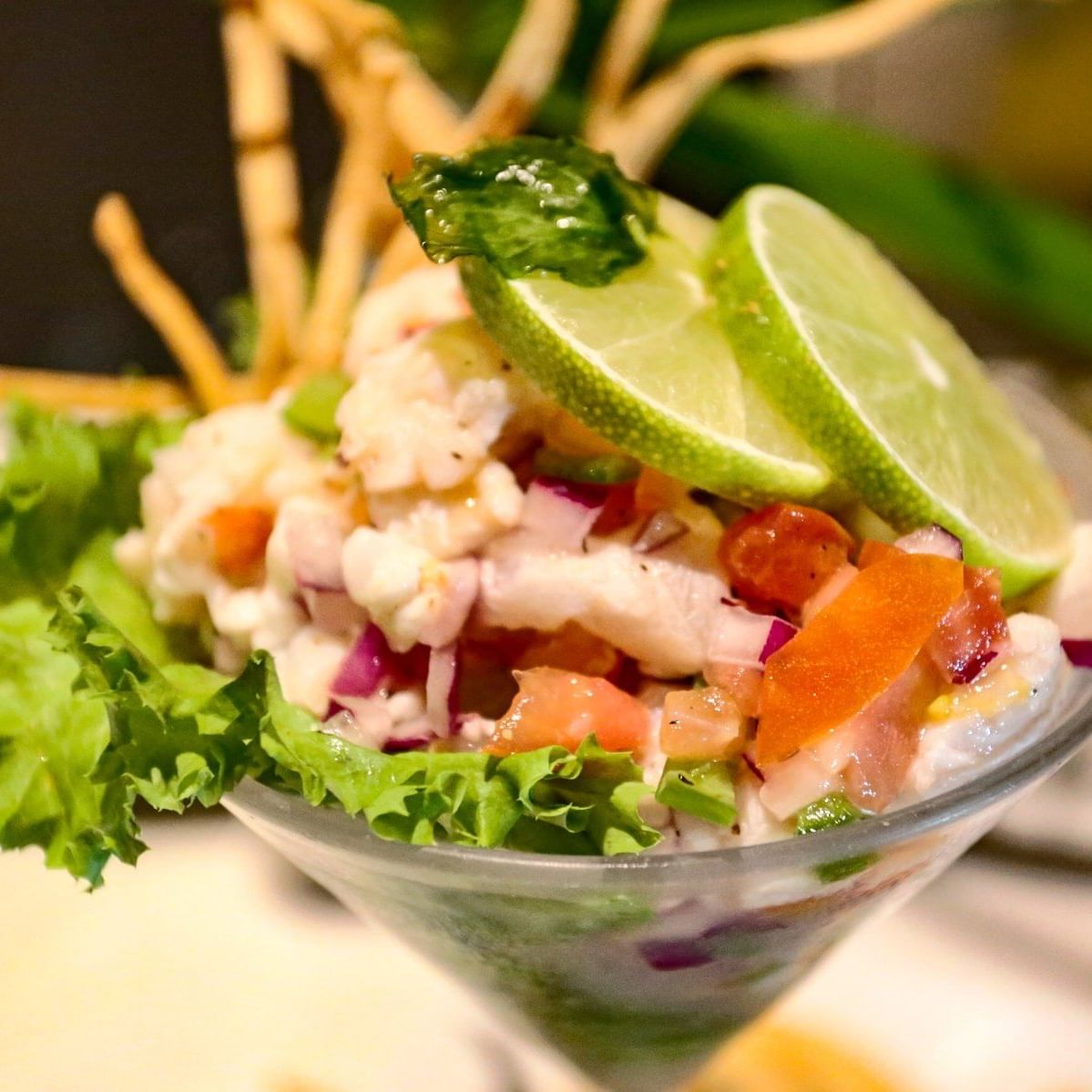 ceviche served in a martini glass