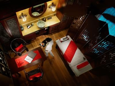 High angle view of a treatment room in the Wellness spa at The Banjaran Hotsprings Retreat