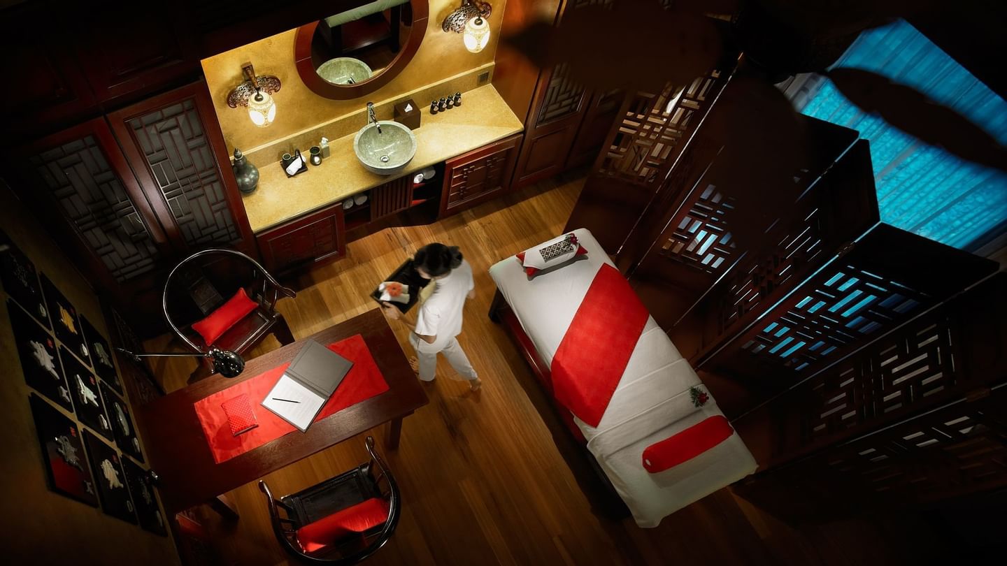 High angle view of a treatment room in the Wellness spa at The Banjaran Hotsprings Retreat