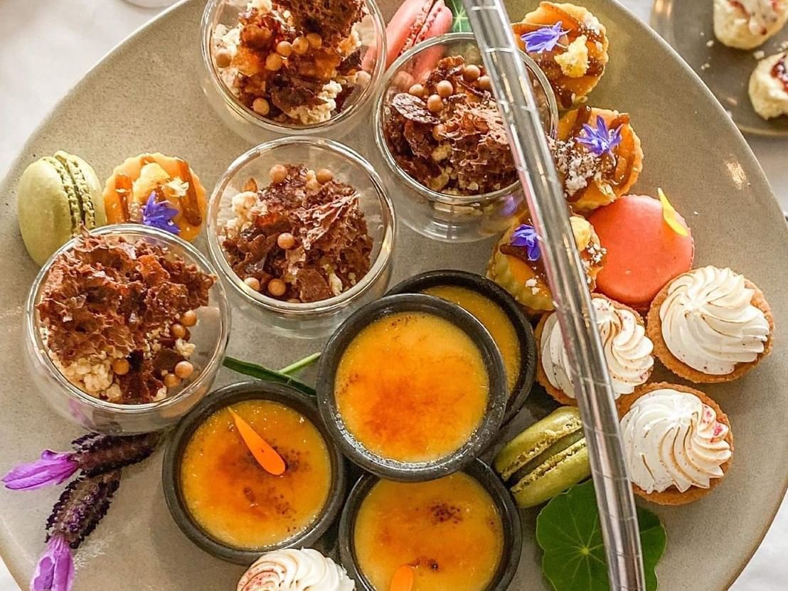 Close up on a dessert plate served at Freycinet Lodge