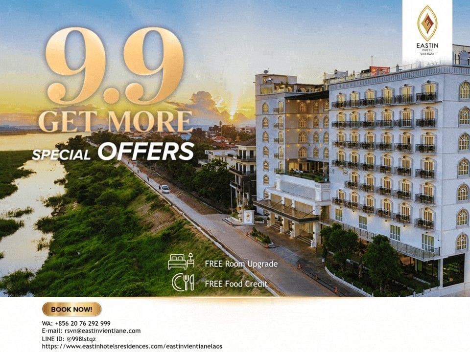 Promo banner for Eastin Hotel Vientiane showcasing special 9 & 9 room offers featuring the hotel building along the river