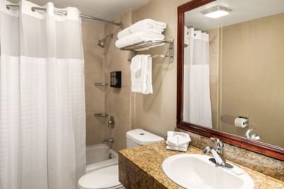 Bathroom with vanity at Anaheim Portofino Inn, featuring budget-friendly suites near Disneyland for large families