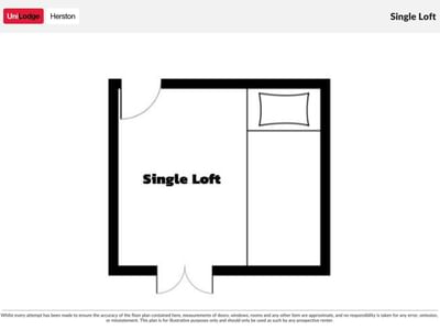 Floor plan showing a single loft room layout with one bed and entry door at UniLodge Herston