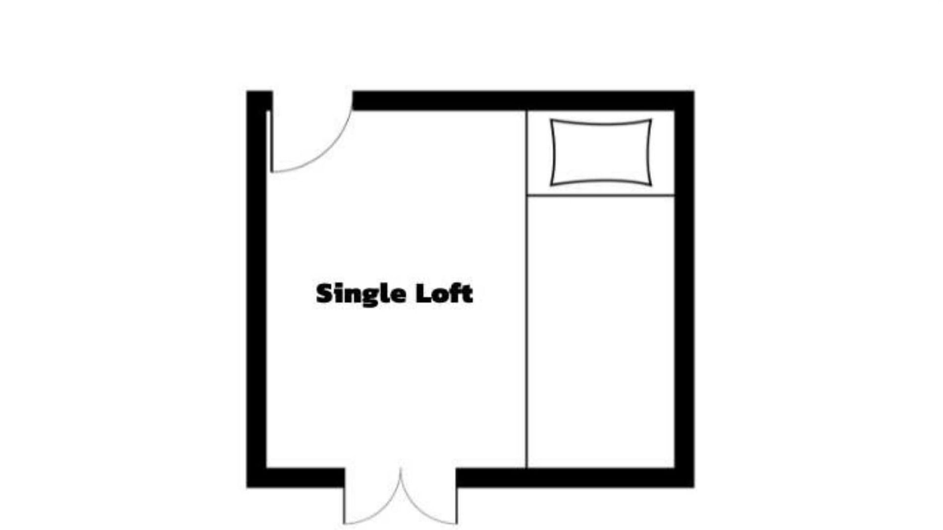 Floor plan showing a single loft room layout with one bed and entry door at UniLodge Herston