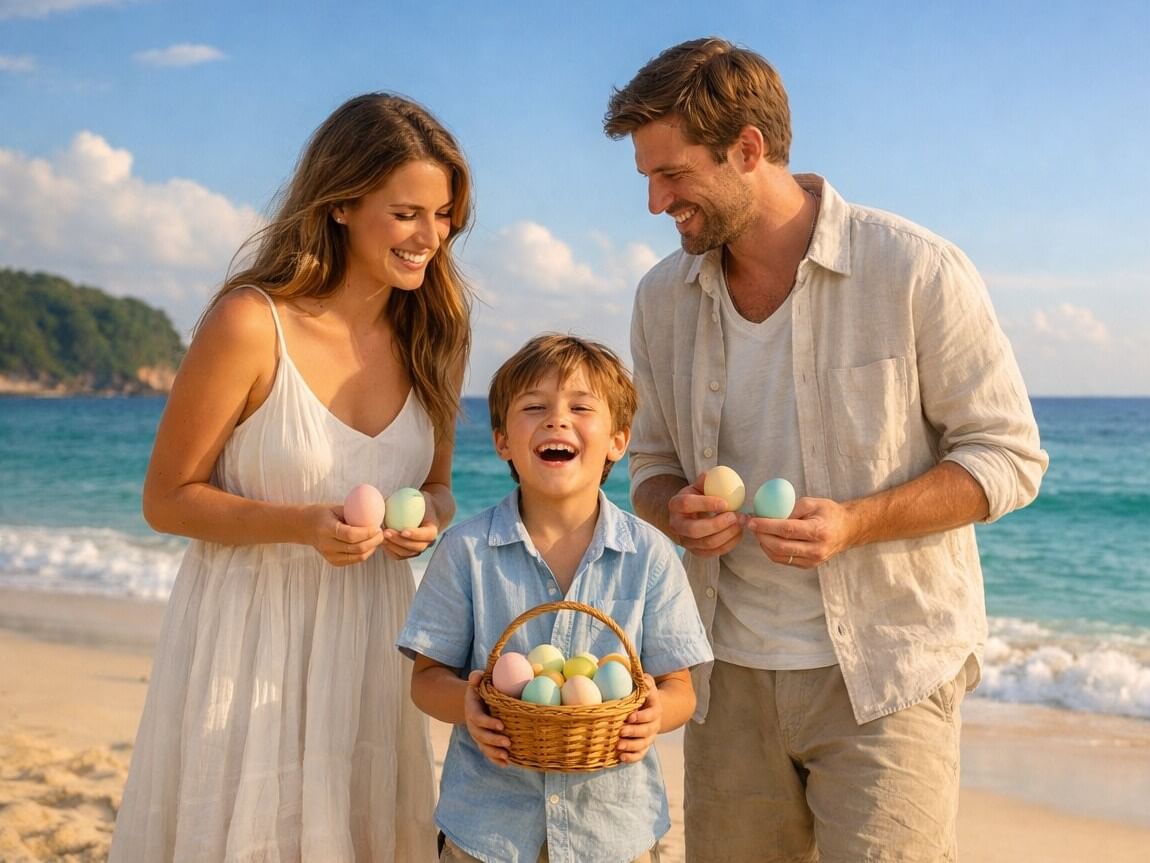 Happy family of three holding pastel Easter eggs on Karon Beach, Phuket, with turquoise sea and golden sunset light in the background.