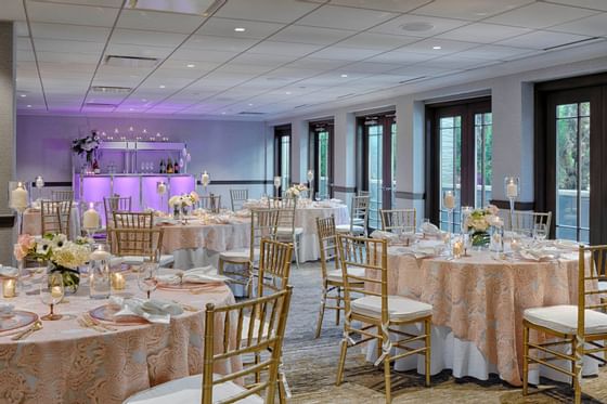Banquet arrangement in a ballroom at the Kingsley Hotel