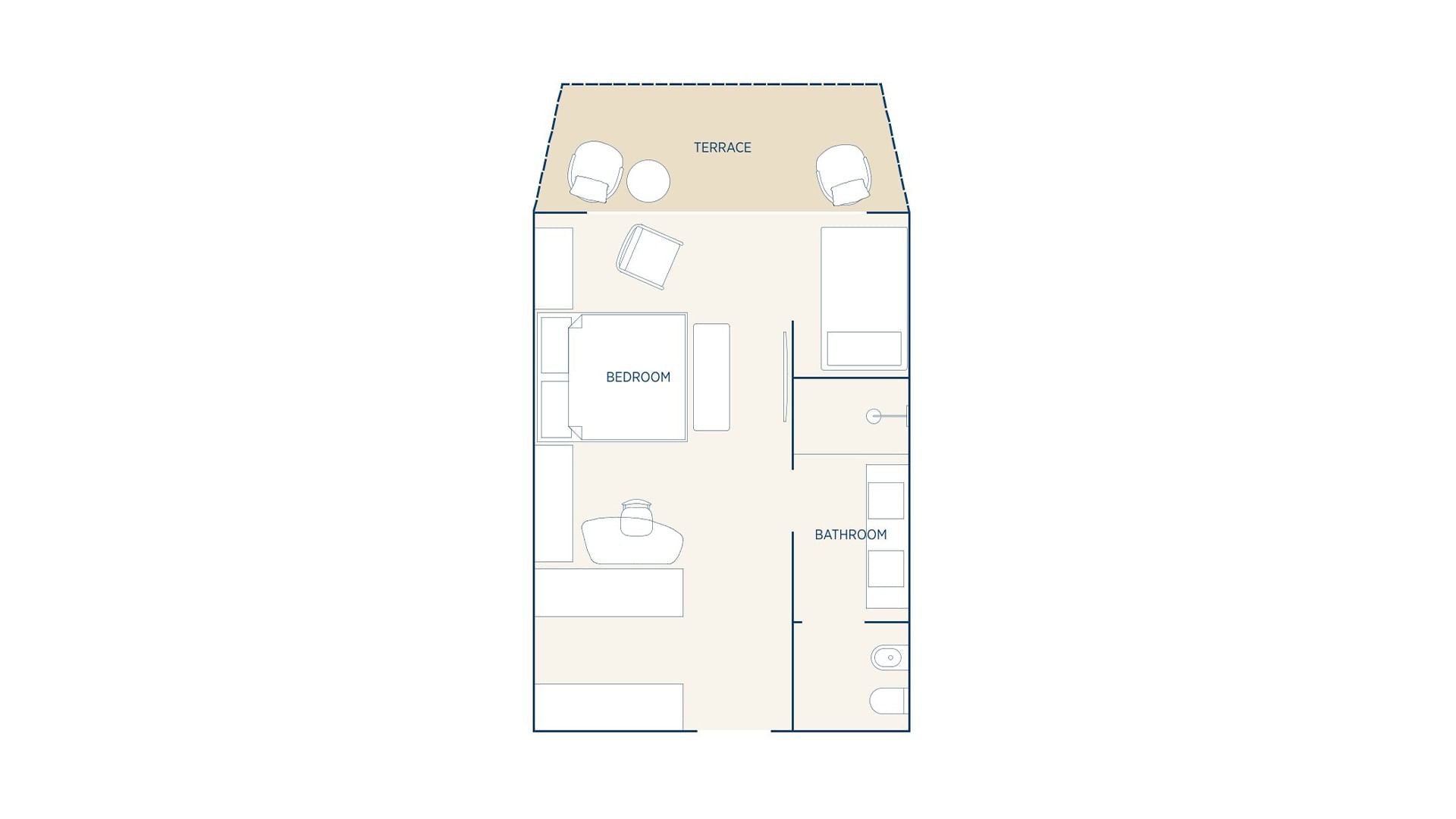 Floor plan showing a terrace, bedroom, and bathroom with labeled areas and furniture.