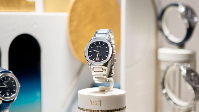 Closeup of a men's watch in a shop near Crown Hotel Perth