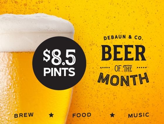 Beer of the month poster features a pint of beer, $8.5 price, and includes brew, food, and music.
