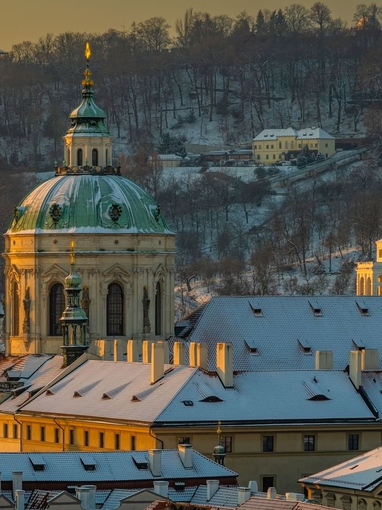 Distant view of St. Nicholas Church near Almanac X Alcron Prague, 5 star hotels in Prague