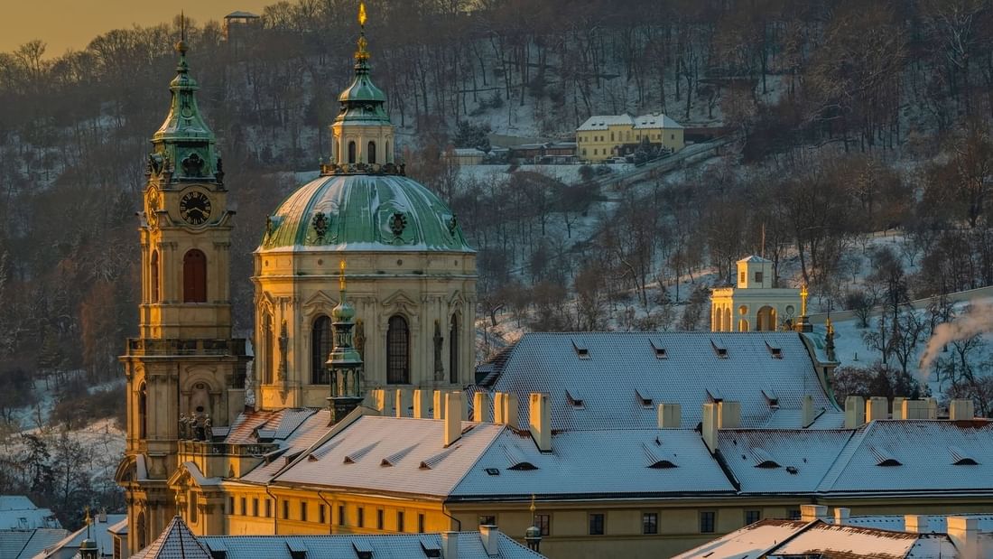 Distant view of St. Nicholas Church near Almanac X Alcron Prague, 5 star hotels in Prague